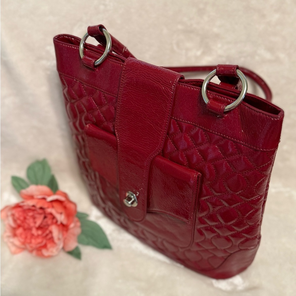 Vintage Hobo International Large Quilted Red Patent Leather Tote Handbag